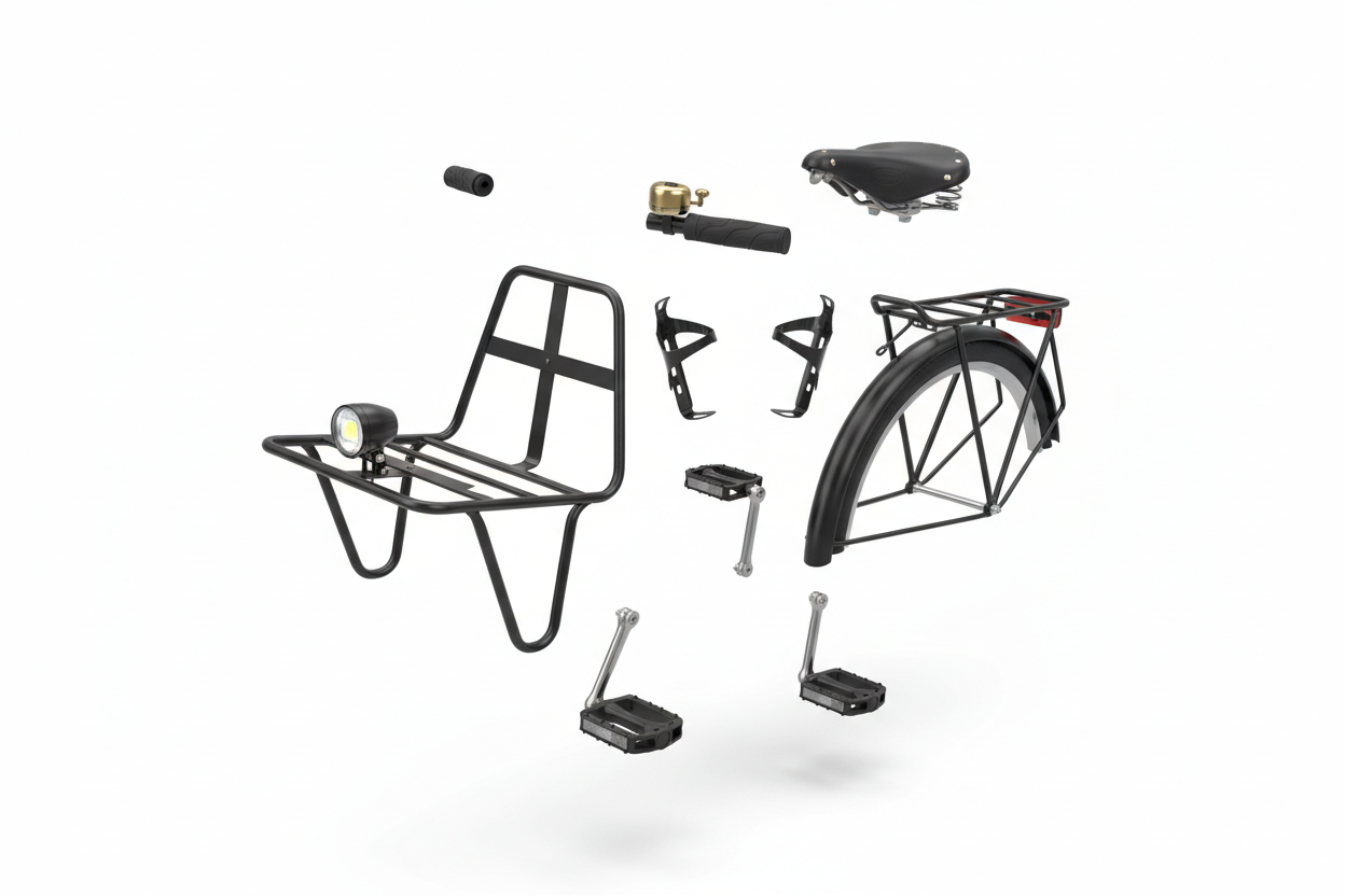 Vélo invisible ayant tout plein d'accessoires de vélo dessus. (support a bagage avant et arriere, béquille, sonnette, porte bidon, poignée au guidon, etc.)